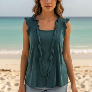 Hinge Women's Ruffle Eyelet Sleeveless Embroidered Top Green Size L Cotton